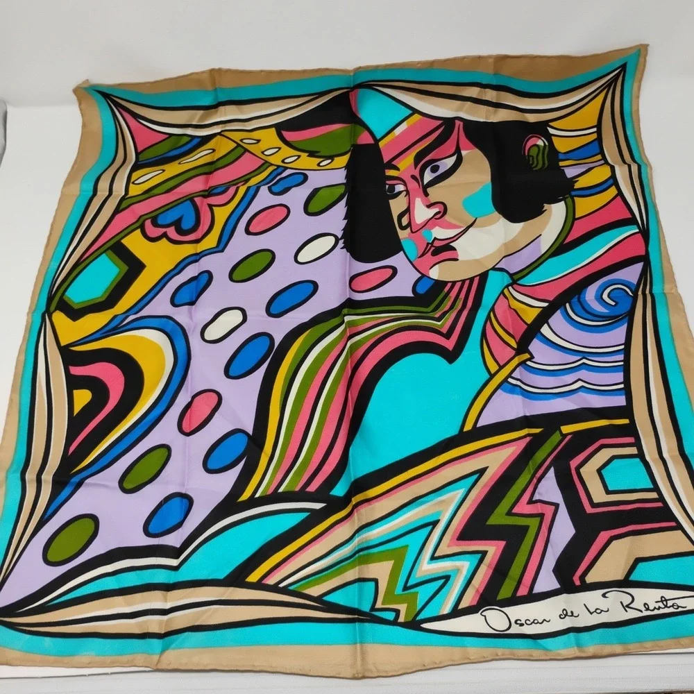 Vintage Oscar de la Renta Silk Scarf Kabuki Print Abstract Multicolor 22